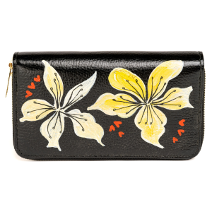 Portafoglio Grande Artigianale in Vera Pelle Nero Dipinto a Mano – Profumo di Fiori Serie “Love for Nature” – Made in Italy