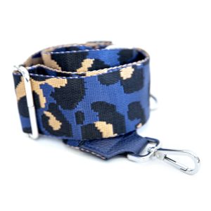 ANIMAL – tracolla in tessuto con trama animalier blu, beige e nera