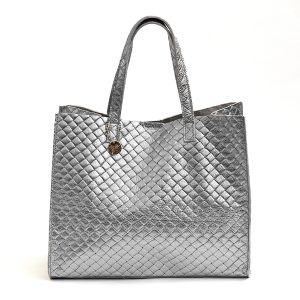 BALI BIG – Borsa in pelle laminata stampa intreccio silver