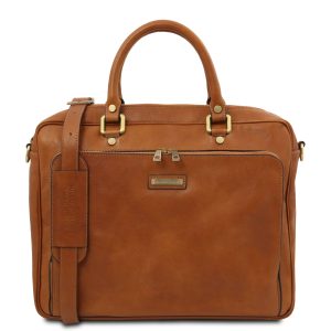 PISA Borsa porta computer da lavoro con tasca frontale in pelle – Naturale