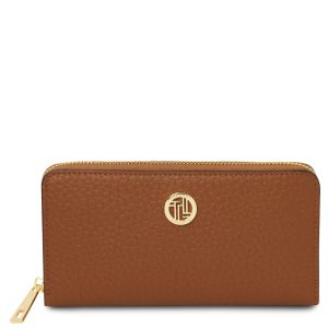 FINANCIER Esclusivo portafogli in pelle zip around – Cognac