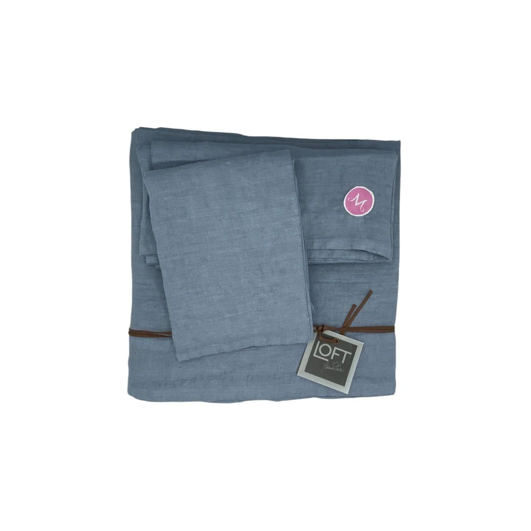 Biancoperla completo lenzuola matrimoniali puro lino tinto in capo Luxury Cielo