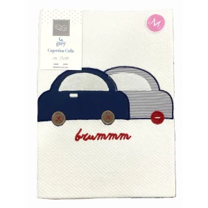 Gary Copertina Neonato 100% cotone tinta unita ricamo macchinine blu 75x90