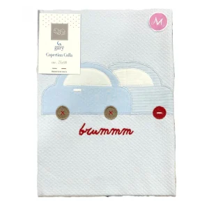 Gary Copertina Neonato 100% cotone tinta unita ricamo macchinine celeste 75x90