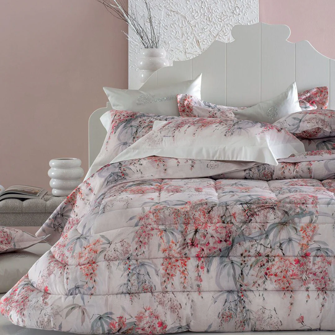 Blumarine Trapunta matrimoniale raso di cotone stampa all over Glicine corallo